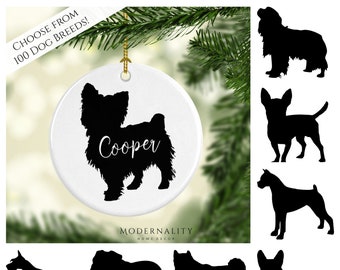 Adorno de silueta de perro personalizado: regalo de Navidad personalizado para el dueño de una mascota: elija su raza: adorno moderno en blanco y negro