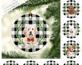 Personalized Dog Ornament- Custom Christmas Gift for a Pet Owner- Choose Your Breed- Black and White Buffalo Plaid Ornament