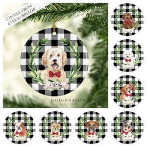 Personalized Dog Ornament- Custom Christmas Gift for a Pet Owner- Choose Your Breed- Black and White Buffalo Plaid Ornament