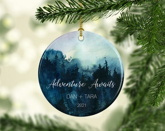 Adventure Awaits Christmas Ornament- Personalized Gift for the Couple- Blue Watercolor Pine Trees- Traveler Holiday Decor
