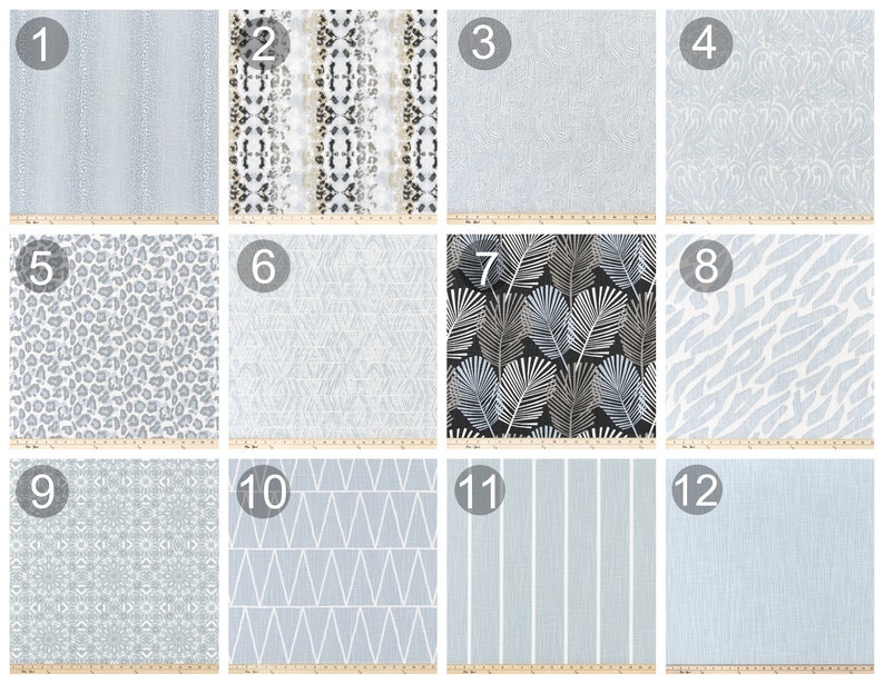 May include: Twelve different fabric swatches in various patterns and colors, including gray, white, and black. The swatches are numbered 1 through 12.