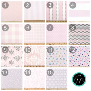 May include: A collection of 15 fabric swatches in various pink, grey, and white patterns. The swatches are numbered 1 through 15. The swatches feature patterns such as stripes, polka dots, gingham, and damask.