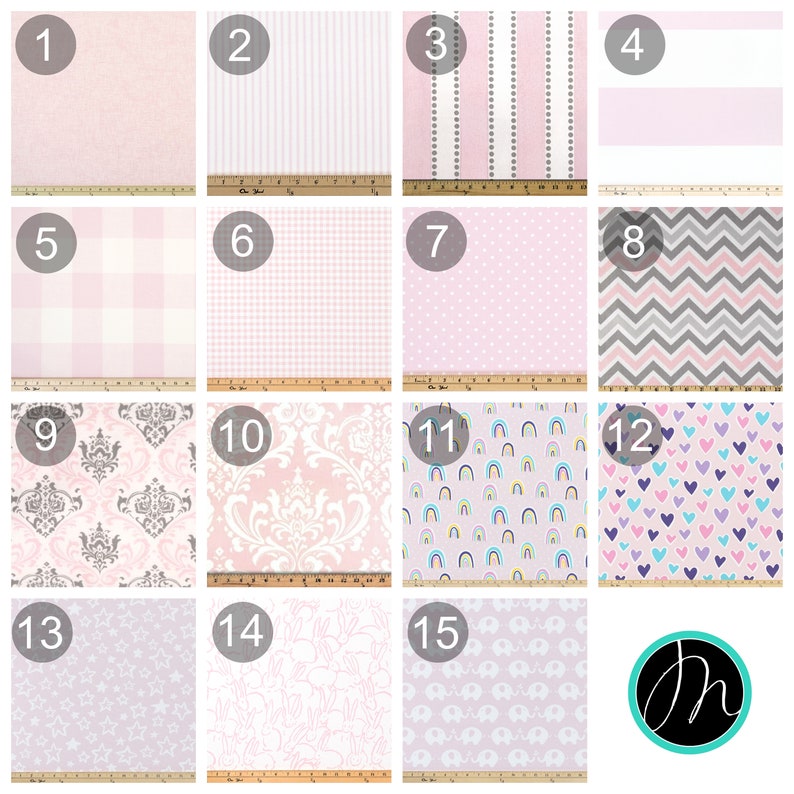 May include: A collection of 15 fabric swatches in various pink, grey, and white patterns. The swatches are numbered 1 through 15. The swatches feature patterns such as stripes, polka dots, gingham, and damask.