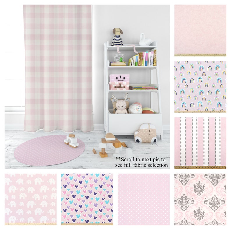 May include: A collection of pink and white fabric swatches with various patterns, including plaid, polka dots, stripes, rainbows, elephants, and hearts.  Scroll to next pic to see full fabric selection.