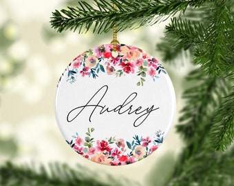 Personalized Name Ornament- Watercolor Floral Christmas Keepsake- Custom Gift for a Girl- Porcelain Ornament