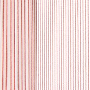 May include: White fabric with thin red stripes. The stripes are evenly spaced and create a subtle pattern.