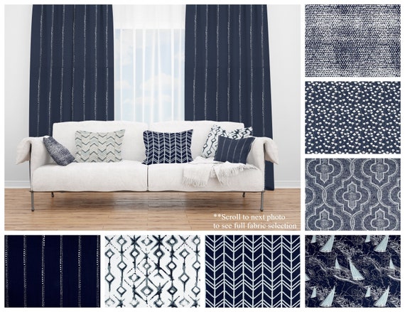 Vintage Indigo Window Curtains- Pair of Drapery Panels- Premier Prints Navy Blue Drapes- Custom Cafe Curtains for Modern Home Decor