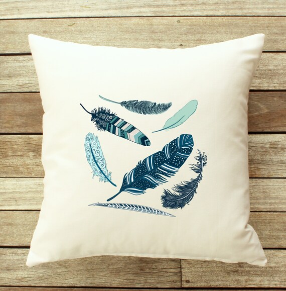 Blue Feather Pillow Boho Decor Tribal Pillows Feather Throw Etsy