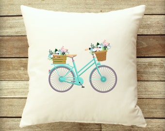 Vintage Bicycle Pillow Cover, Floral Pillow, Zippered Pillow, Colorful Home Decor, Bike Pillow Case, Aqua Throw Pillow, Accent Cushion Cover