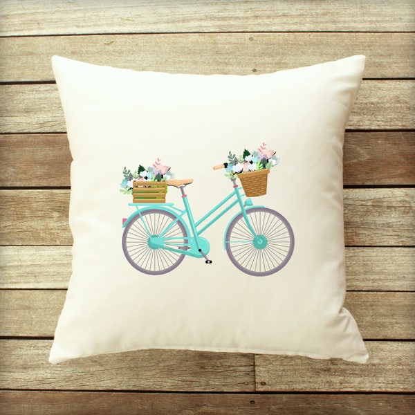 Vintage Bicycle Pillow Cover, Floral Pillow, Zippered Pillow, Colorful Home Decor, Bike Pillow Case, Aqua Throw Pillow, Accent Cushion Cover