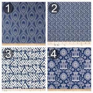 May include: Four fabric swatches with different patterns in shades of blue and white. The swatches are numbered 1 through 4.