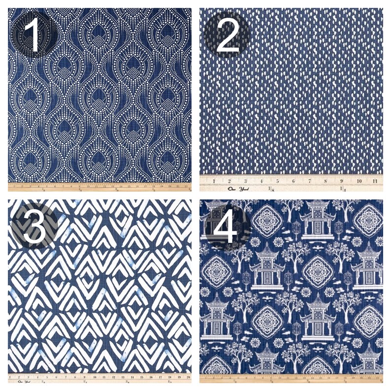 May include: Four fabric swatches with different patterns in shades of blue and white. The swatches are numbered 1 through 4.