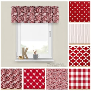 May include: Red valance with a white geometric pattern.  The valance is shown on a window with a white frame.  The image also shows eight different fabric patterns in red and white, including polka dots, stripes, a geometric pattern, and a plaid pattern.  Scroll to next photo to see full fabric selection.