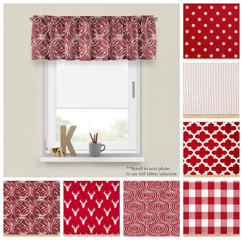 May include: Red valance with a white geometric pattern.  The valance is shown on a window with a white frame.  The image also shows eight different fabric patterns in red and white, including polka dots, stripes, a geometric pattern, and a plaid pattern.  Scroll to next photo to see full fabric selection.