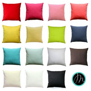 May include: A collection of 15 square throw pillows in various solid colors, including red, pink, yellow, green, blue, brown, white, and black. The pillows are arranged in a grid pattern on a white background.