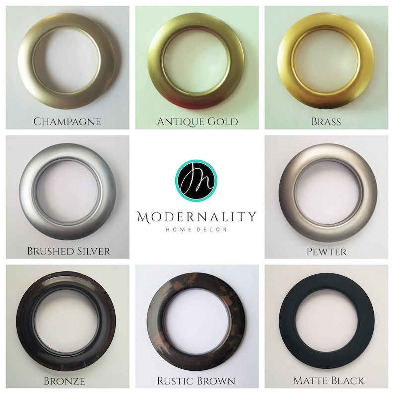 May include: Nine different curtain rings in various finishes, including champagne, antique gold, brass, brushed silver, pewter, bronze, rustic brown, and matte black.