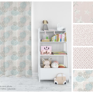 May include: A white bookshelf with four shelves, filled with books and toys. The bookshelf is against a white wall. The image also shows a variety of fabric swatches with different patterns, including floral, geometric, and starfish designs.