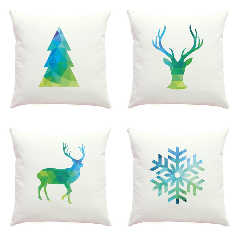 Blue Christmas Pillow Cover Geometric Pillow Deer Head Etsy