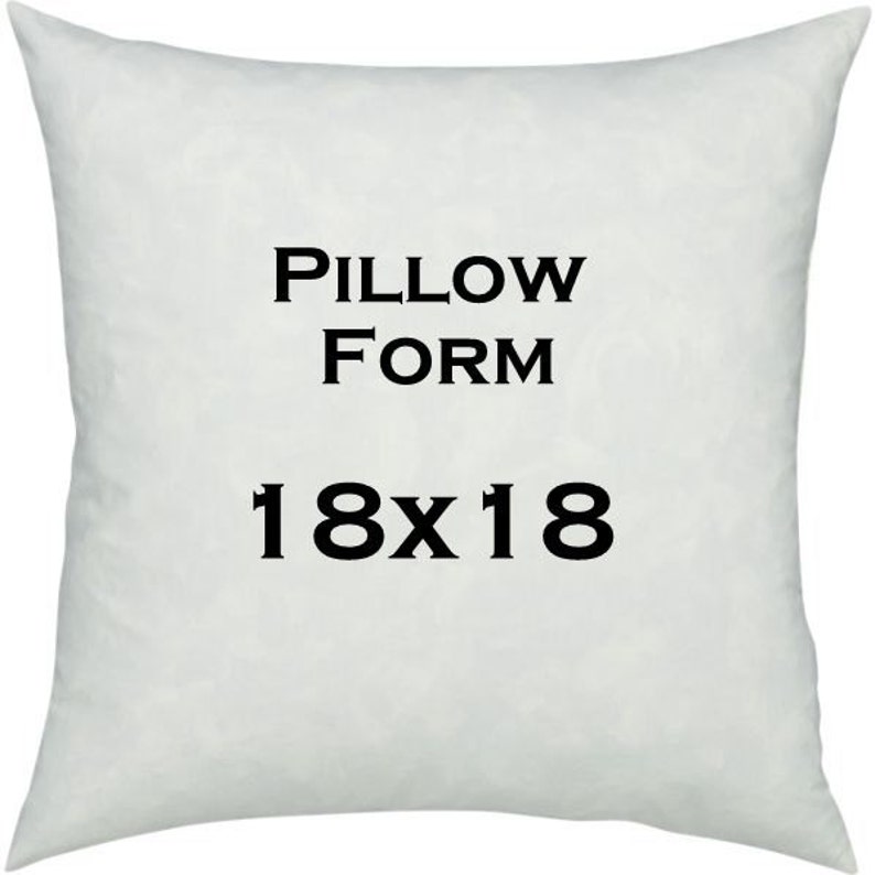 May include: A white square pillow form with the text "PILLOW FORM" and "18x18" in black. The pillow is square and appears to be filled with a soft material.