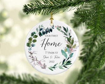 Our First Home Ornament- Personalized Housewarming Gift- Custom Name and Address with Watercolor Greenery