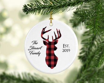 Red Buffalo Plaid Deer Head Ornament- Custom Christmas Gift for Families