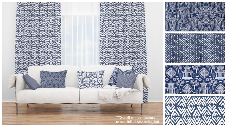 May include: A white couch with blue patterned throw pillows and curtains. The curtains feature a geometric design in shades of blue and white. The text "**Scroll to next picture to see full fabric selection**" is at the bottom of the image.