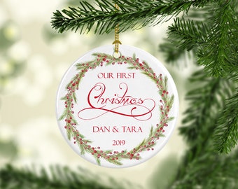 Our First Christmas Ornament- Personalized Tree Decor- Custom Wedding or Engagement Gift