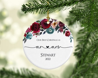 Personalized Wedding Christmas Ornament- Our First Christmas as Mr. and Mrs.- Custom Couples Gift- Burgundy and Navy Watercolor Flowers