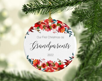 Grandparents Christmas Ornament- Our First Christmas- Baby Announcement- Watercolor Floral Ornament