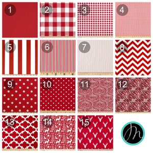 May include: A collection of 15 red and white fabric swatches with different patterns, including gingham, stripes, polka dots, and geometric designs. The swatches are numbered 1 through 15.