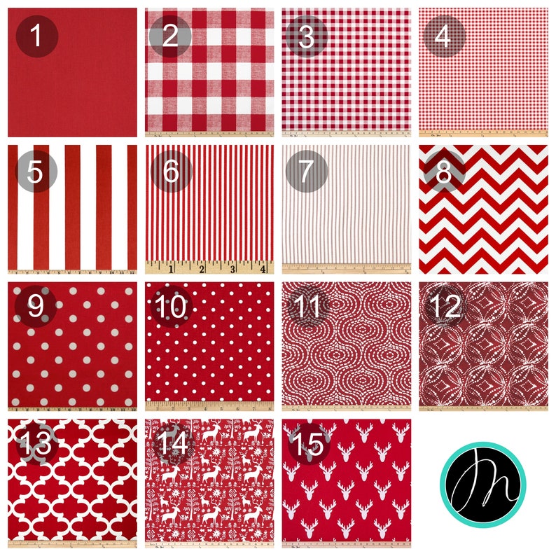 May include: A collection of 15 red and white fabric swatches with different patterns, including gingham, stripes, polka dots, and geometric designs. The swatches are numbered 1 through 15.