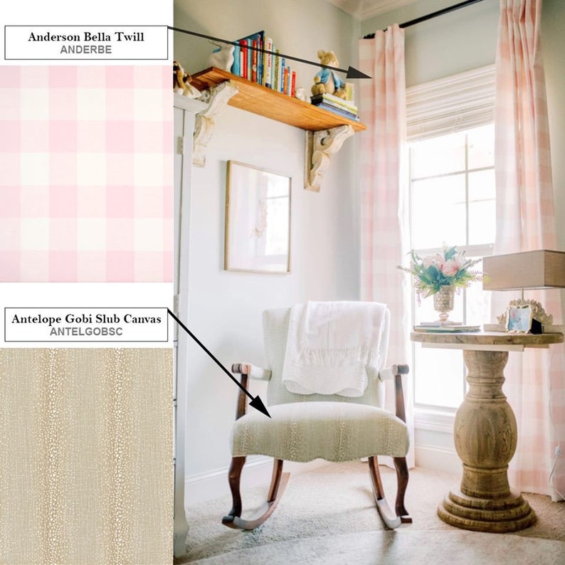 May include: A rocking chair with a white throw blanket on it, in a room with pink and white gingham curtains, a wooden shelf with books, and a wooden side table with a vase of flowers. The chair is upholstered in a beige fabric with a subtle texture. The text "Antelope Gobi Slub Canvas ANTELGOBSC" is visible in the image.