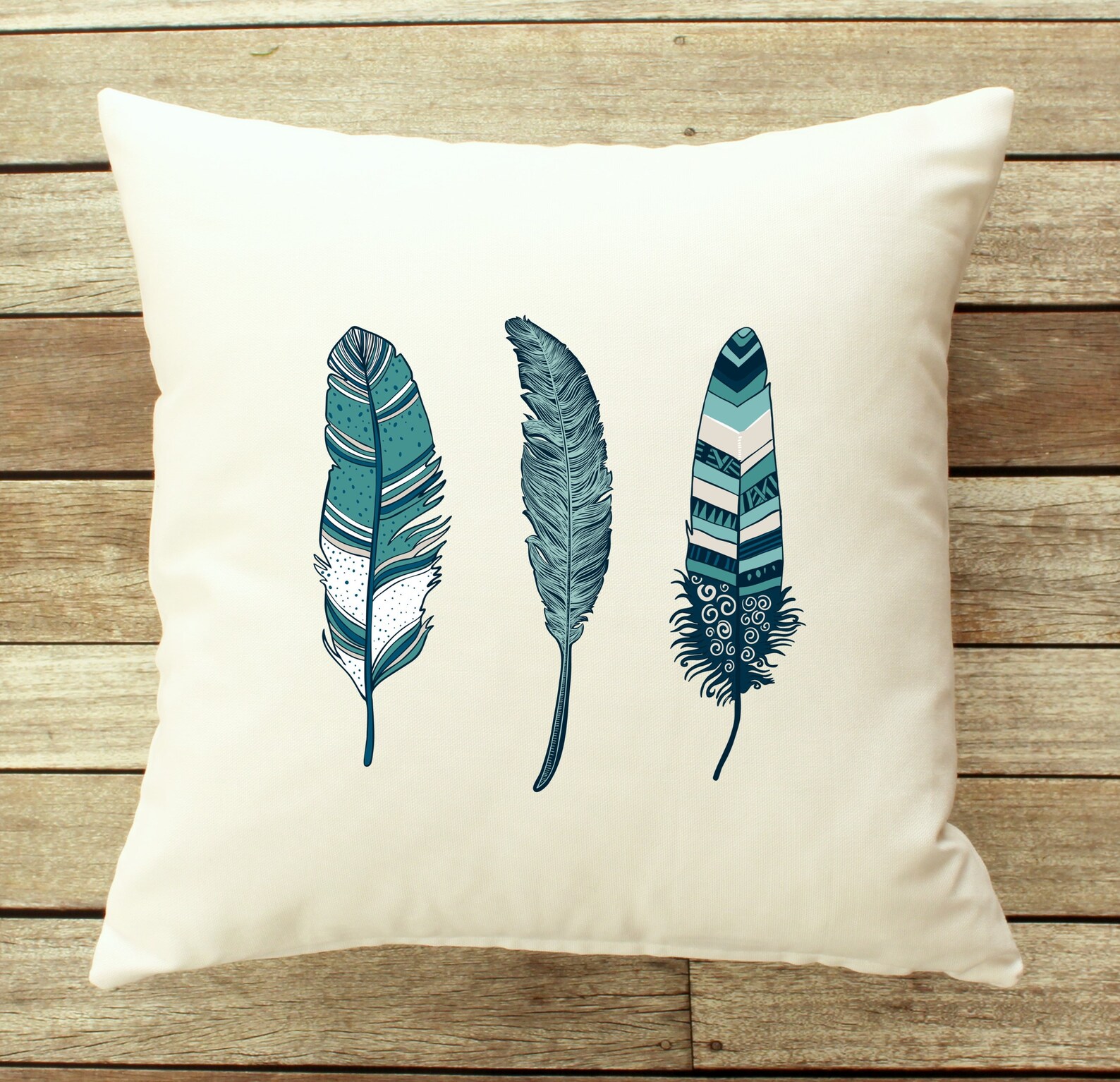 Blue Boho Pillow, Feather Accent Pillow, Tribal Pillow Cover, Zippered