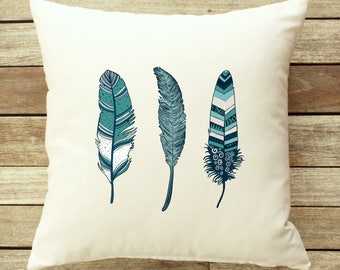 Blue Boho Pillow, Feather Accent Pillow, Tribal Pillow Cover, Zippered Pillow Cover, Blue Feather Pillow Case, Southwestern Nursery Decor