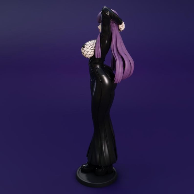 May include: A black figurine of a woman with long purple hair, wearing a black outfit with a fishnet top. The figure is standing on a black circular base against a dark purple background.