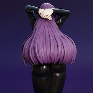 May include: A figure with long, flowing purple hair and a black outfit. The figure's arms are crossed behind the head, with hands showing black nail polish. The background is a solid, dark purple.