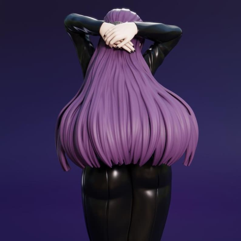 May include: A figure with long, flowing purple hair and a black outfit. The figure's arms are crossed behind the head, with hands showing black nail polish. The background is a solid, dark purple.