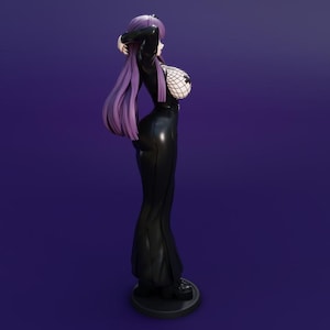 May include: A black figurine of a woman with long purple hair, wearing a black outfit with a fishnet top. The figure is standing on a black circular base against a purple background. The outfit appears to be form-fitting.