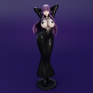 May include: A figurine of a woman with long purple hair, wearing a black outfit with a fishnet top. The figure is standing on a black circular base, arms raised above her head. The background is a solid purple.