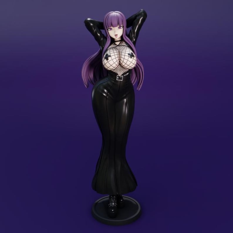 May include: A figurine of a woman with long purple hair, wearing a black outfit with a fishnet top. The figure is standing on a black circular base, arms raised above her head. The background is a solid purple.