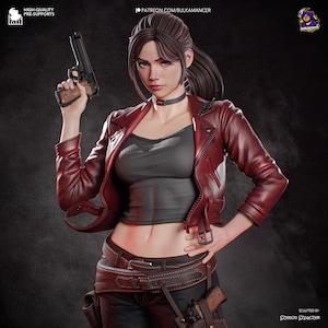May include: A 3D-rendered figurine of a character with brown hair in a ponytail, wearing a dark red leather jacket over a gray tank top, a black choker, and dark pants with a brown belt and holster, holding a black handgun in the right hand.