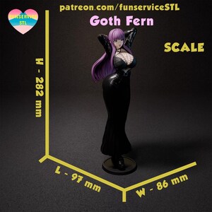 May include: A black figurine of a woman with purple hair, wearing a black dress and fishnet top. The figurine is 11.1 inches tall, 3.8 inches wide, and 3.8 inches long. The text "Goth Fern" is above the figurine.