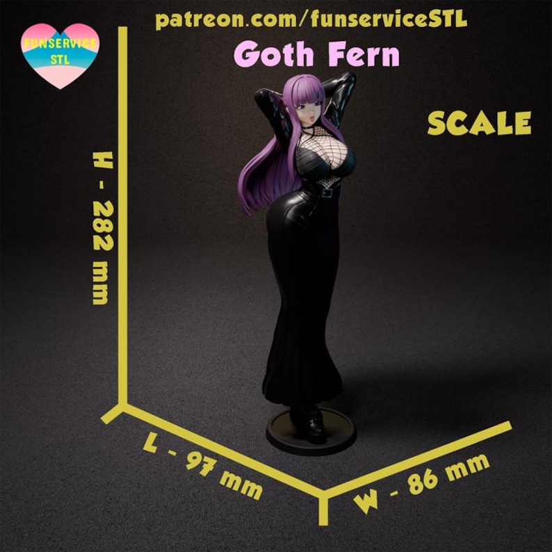 May include: A black figurine of a woman with purple hair, wearing a black dress and fishnet top. The figurine is 11.1 inches tall, 3.8 inches wide, and 3.8 inches long. The text "Goth Fern" is above the figurine.