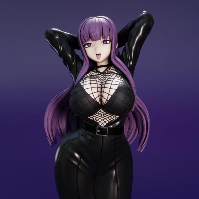 May include: A 3D-rendered anime-style figure with purple hair and eyes, wearing a black outfit. The figure has a black choker, a fishnet top, and a black leather-like jacket and pants. The background is a solid purple.