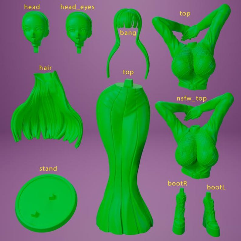 May include: A collection of bright green 3D-printed components for a figure, including a head, hair, torso, and boots. The parts are arranged against a purple background, suggesting a model kit or crafting project.