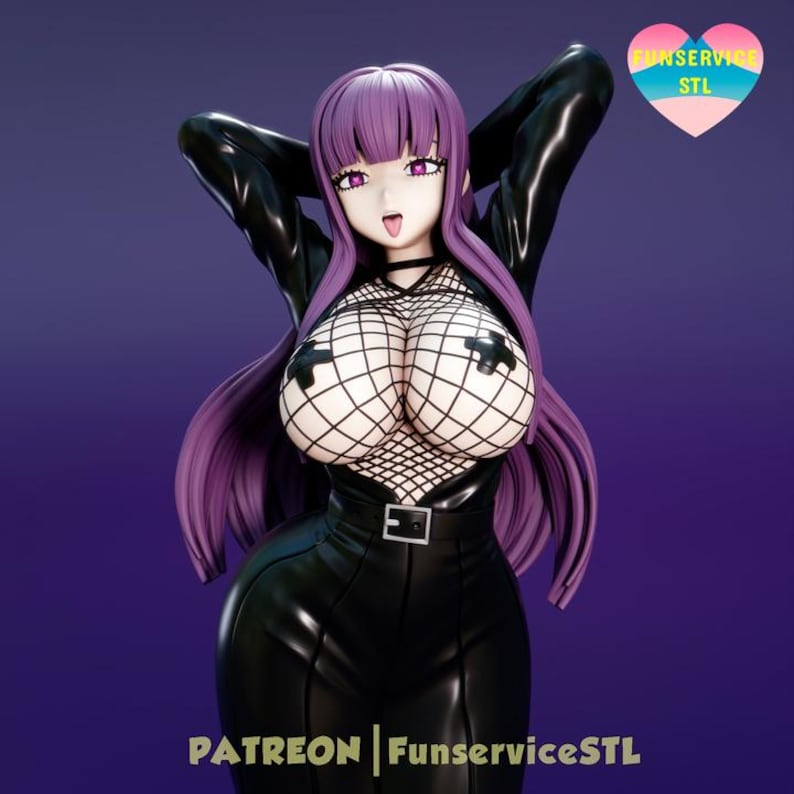 May include: A 3D-rendered anime-style figure with purple hair and eyes, wearing a black outfit with a fishnet top. The figure is posed with arms raised. The image includes the text "PATREON | FunserviceSTL" and a heart-shaped logo.