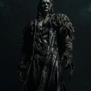 May include: A dark, dramatic image of a figure in a long, tattered black coat. The figure has pale skin, long hair, and is adorned with fur-like shoulder accents. The overall aesthetic is gothic and mysterious.