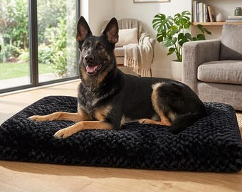 Black Plush Dog Bed Washable Crate Mat Anti Slip Sleeping Pad for Medium Large Dogs