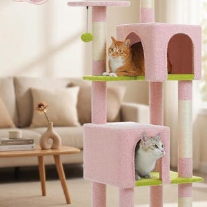 May include: A pink cat tree with multiple levels, platforms, and hideaways. The cat tree features a flower-shaped perch and a cloud-shaped top. Two cats are resting on the structure. The base and platforms are green, and the posts are wrapped in sisal rope.
