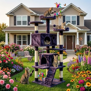 May include: A multi-level cat tree in a lush garden setting. The tree is a deep purple with beige scratching posts and multiple platforms. Several tabby cats are interacting with the tree, playing with hanging toys, and lounging on the platforms.